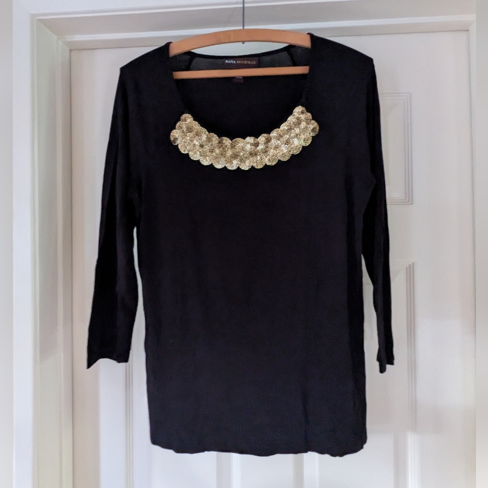 Dana Buchman Black Top with Gold Embellishments Size Small